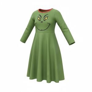 Remimi Girls Green Grinch Face Dress Costume with Scarf Size M